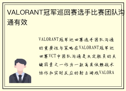 VALORANT冠军巡回赛选手比赛团队沟通有效